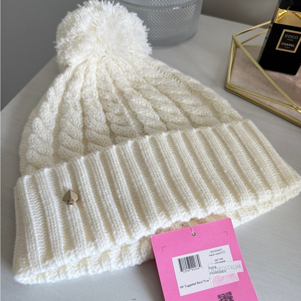 Kate Spade French Cream Cable Knit Pom-Pom Hat